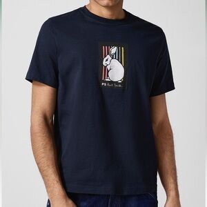Paul Smith Black Tee with White Rabbit and Multicolor Stripe Motif size Small